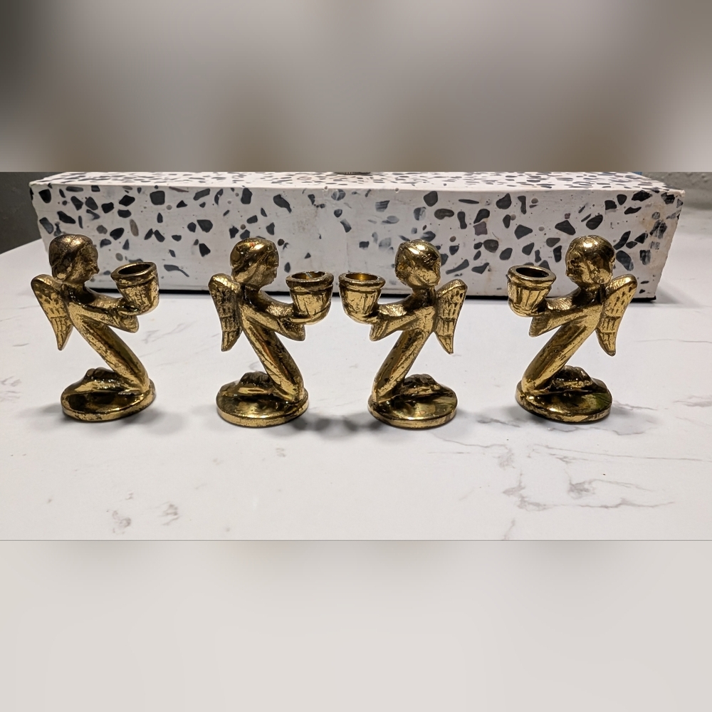 Vintage Brass Kneeling Mini Angel Candle Holders – Set of 4 – Made in Hong Kong